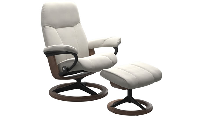 Stressless Consul Cross Recliner and Stool in Begonia Sand Fabric with Matt Black Base